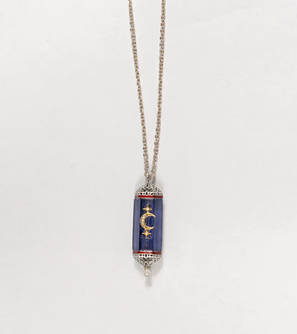 Vega Pendant with a 36.5 ct amethyst centerpiece, framed in silver with 18K gold accents and hand-painted enamel