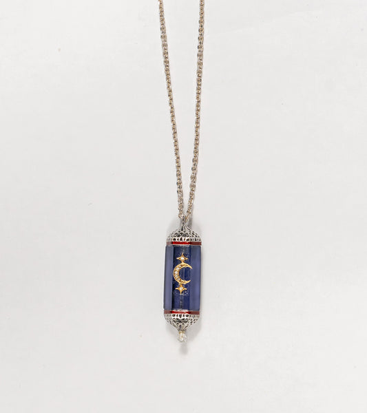 Vega Pendant with a 36.5 ct amethyst centerpiece, framed in silver with 18K gold accents and hand-painted enamel