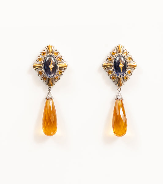 Virja Earrings with kyanite and topaz detailing and blue hand-painted enamel work, from the Shashikala collection by UBAA