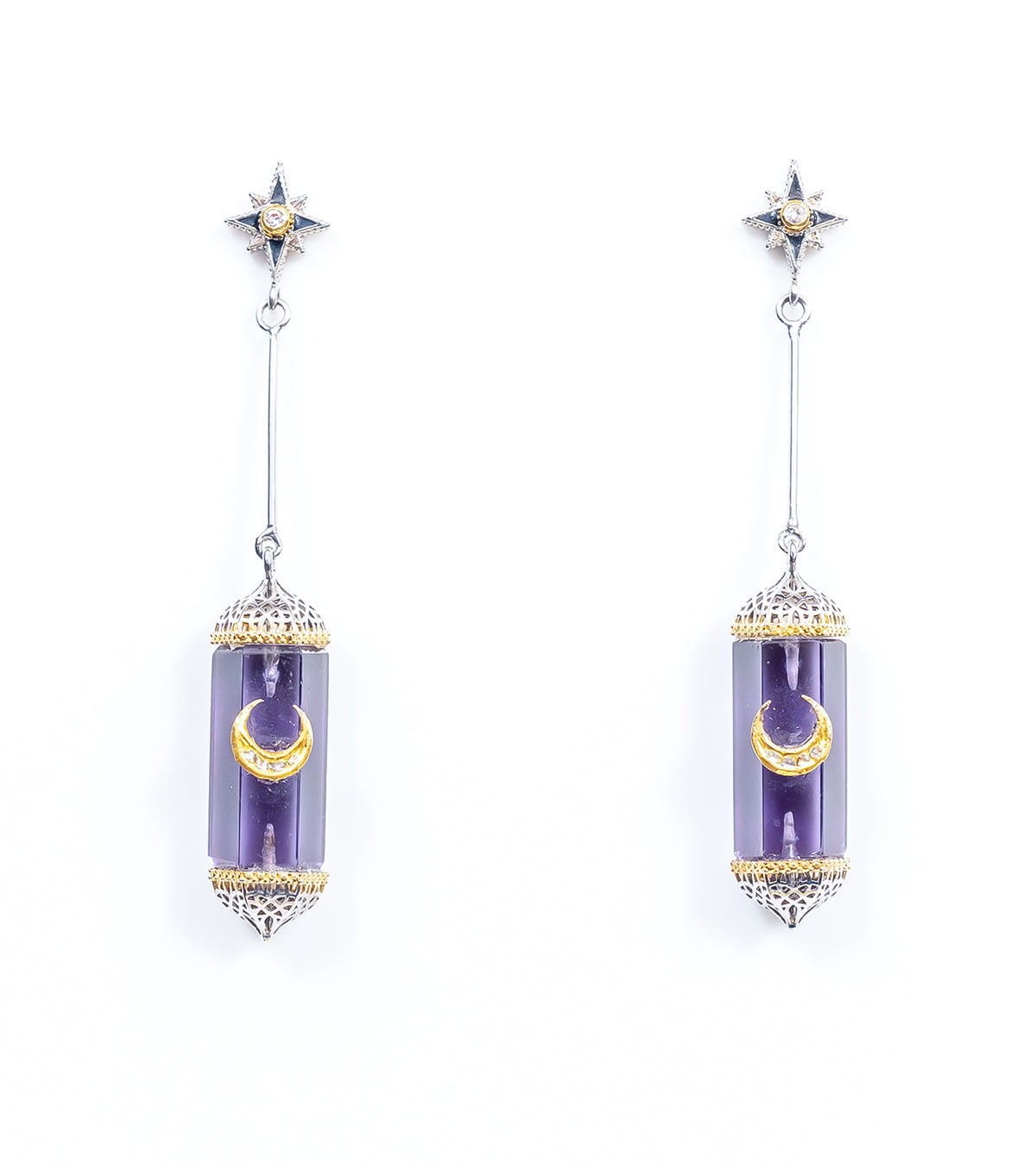 Zaranj Danglers in silver with 18K and 22K gold, featuring Manifé Amethyst, Polki diamonds, and black hand-painted enamel