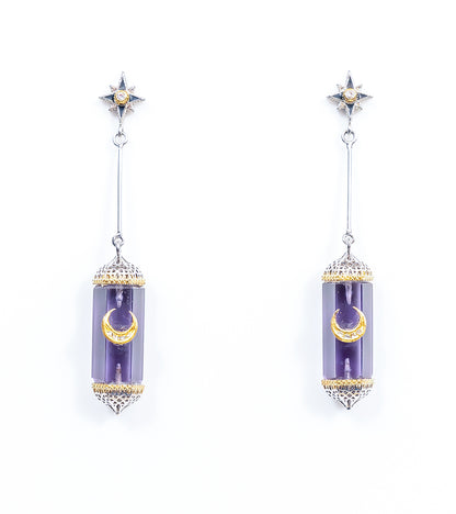 Zaranj Danglers in silver with 18K and 22K gold, featuring Manifé Amethyst, Polki diamonds, and black hand-painted enamel