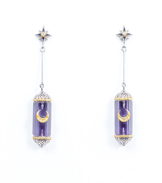 Zaranj Danglers in silver with 18K and 22K gold, featuring Manifé Amethyst, Polki diamonds, and black hand-painted enamel