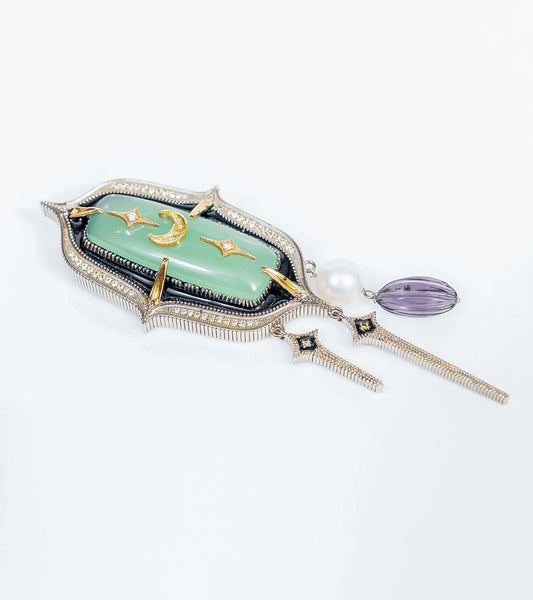 Zel Brooch in 22K Kundan and 18K gold on a sculpted silver base, set with FG VS diamonds, aqua onyx, amethyst crystal, and a South Sea pearl