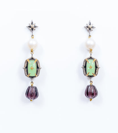 Zen Earrings with aqua onyx and amethyst crystal paired with South Sea pearls, silver with 18K gold accents, hand-painted black enamel