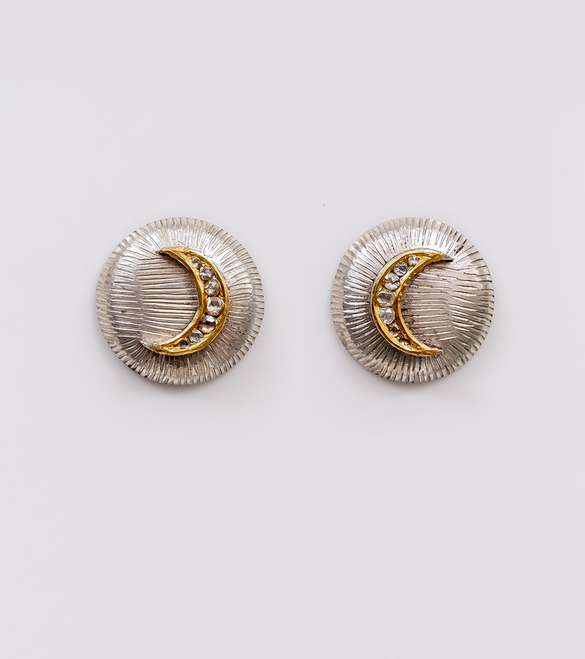 Ziv Studs in a crescent moon silhouette featuring natural Polki diamonds set in sterling silver with fine 22K gold accents