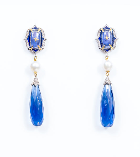 Ziva Earrings with handcrafted kyanite crystal drops paired with cultured pearls, natural diamonds, and 18K gold accents