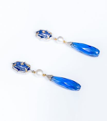 Detail of the cultured pearl and diamond framing on the Ziva Earrings